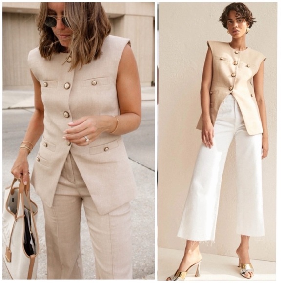 Veronica Beard Tamara Linen Vest Button Front Sandalwood Melange Beige 12 - Picture 6 of 16